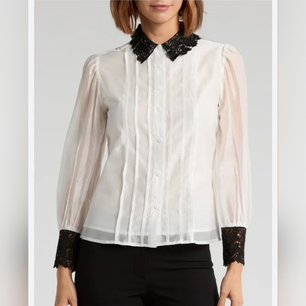 By Design Jaycee Lace Collar Button-Up Blouse Women L** - Picture 2 of 8